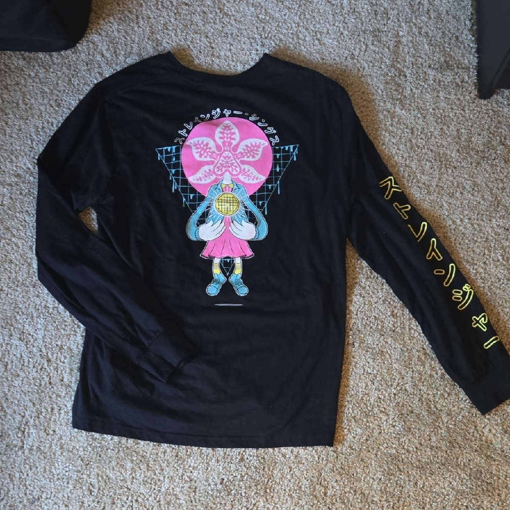 Black Long-Sleeve Graphic Tee with Pink Character Print